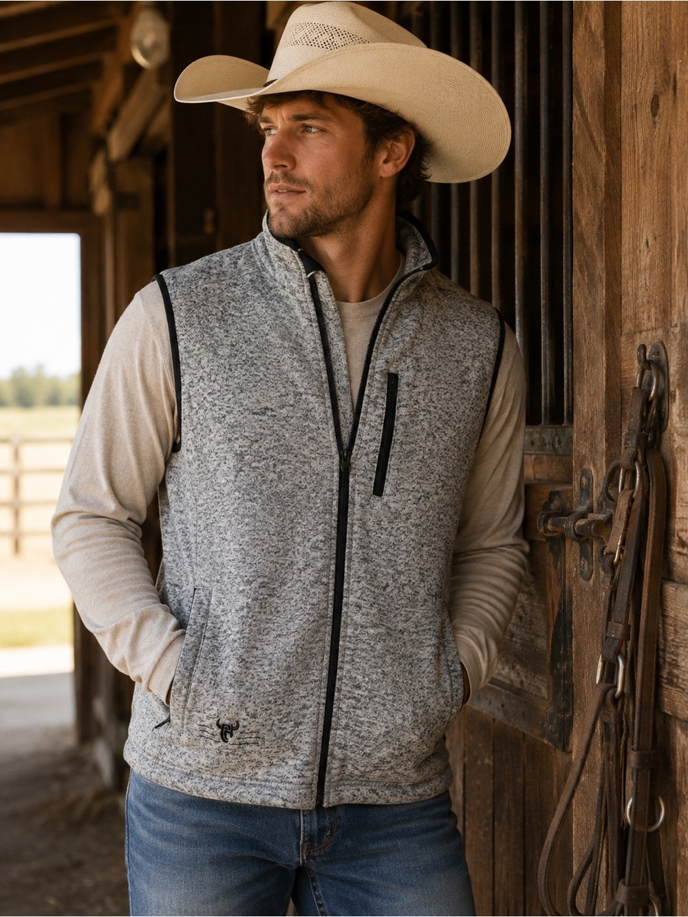 Cowboy Hardware Men’s Gray Fleece Full Zip Vest Size Large Western Ranch